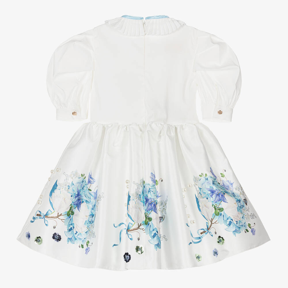 Junona-Girls White Satin Twill Floral Dress | Childrensalon Outlet