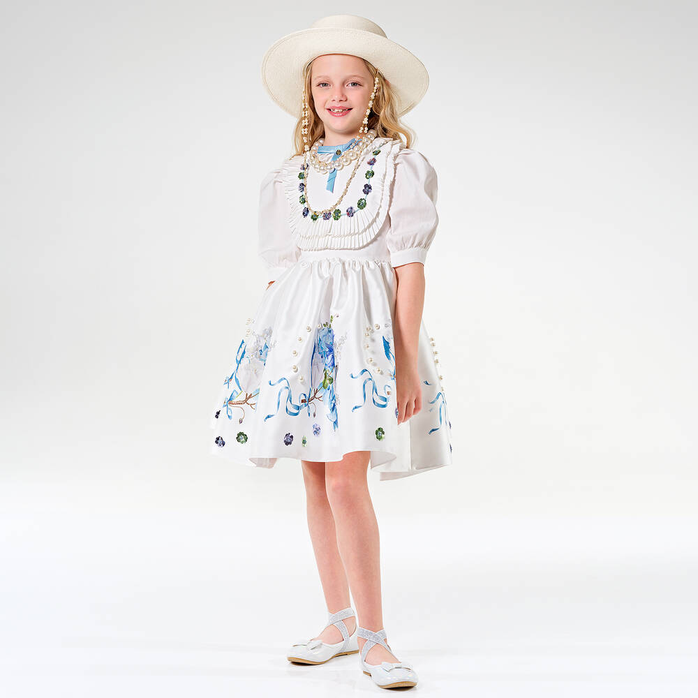 Junona-Girls White Satin Twill Floral Dress | Childrensalon Outlet