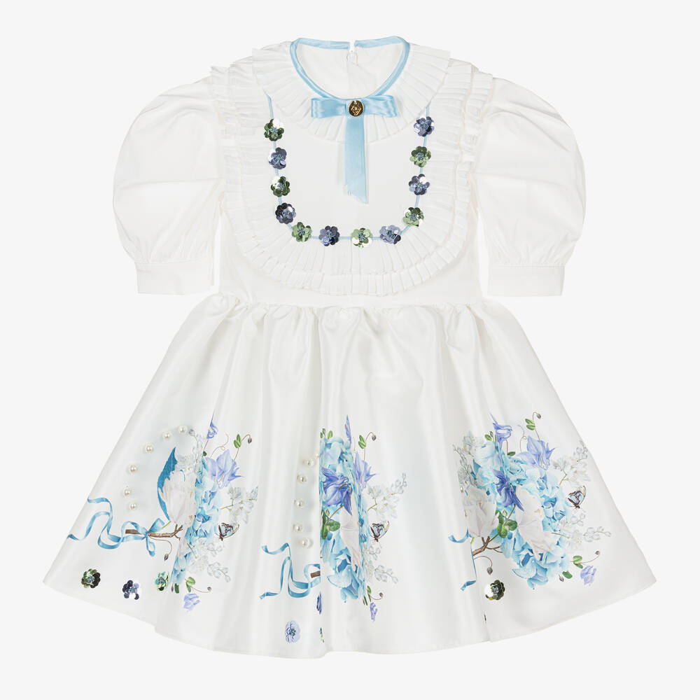 Junona-Girls White Satin Twill Floral Dress | Childrensalon Outlet