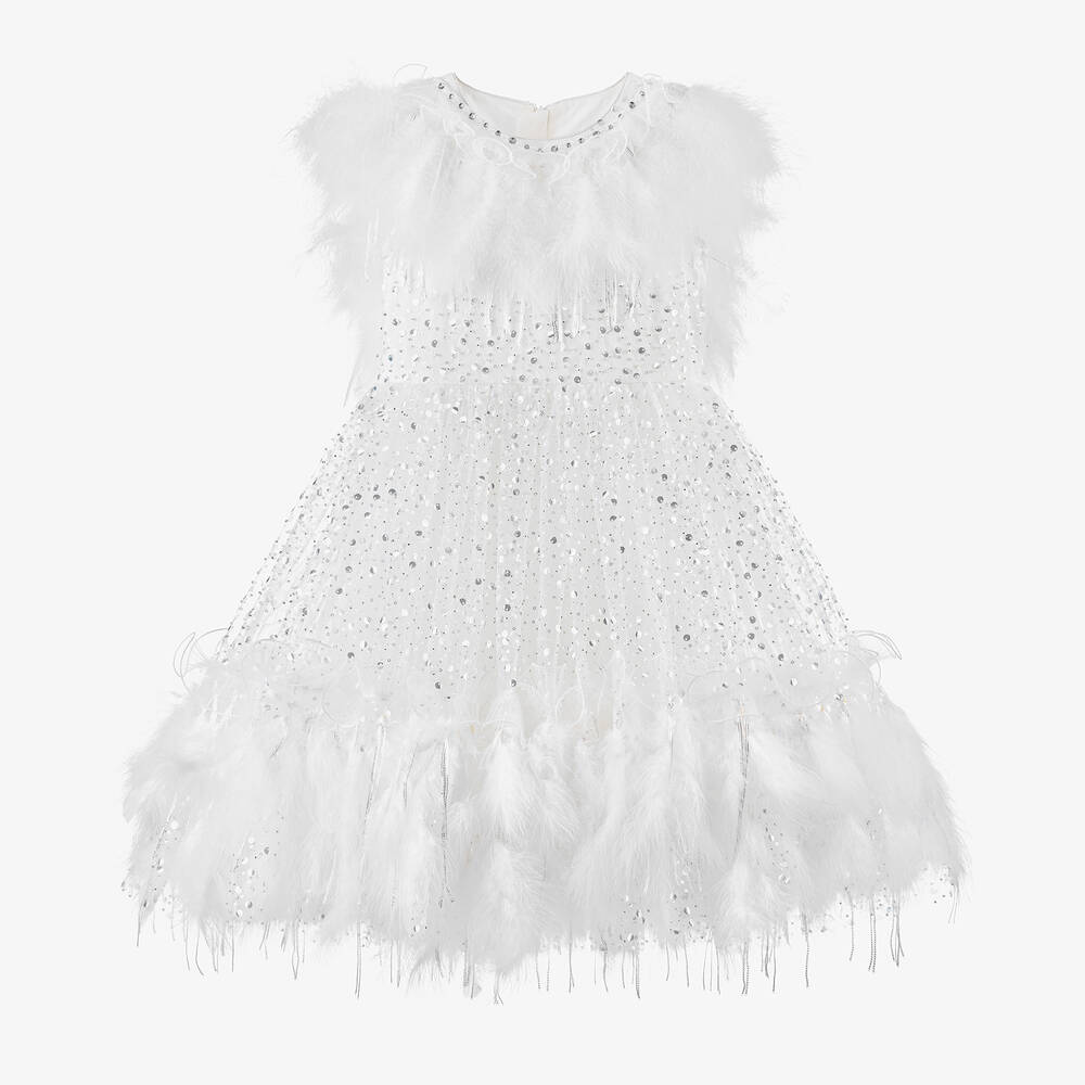 Junona-Girls White Sequin Feather Dress | Childrensalon Outlet