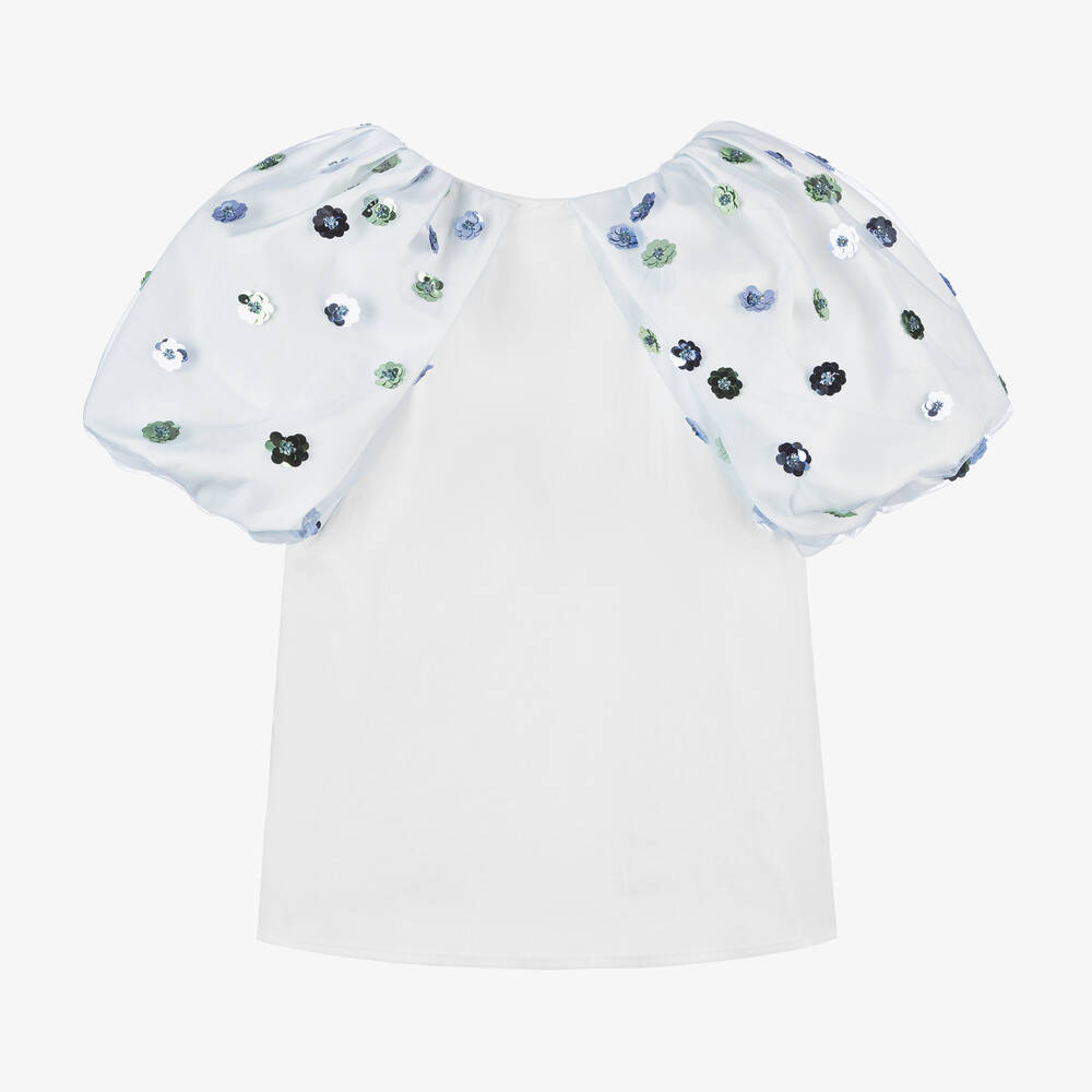 جونونا-بلوزة قطن لون أبيض مزينة بورود ترتر للبنات | Childrensalon Outlet