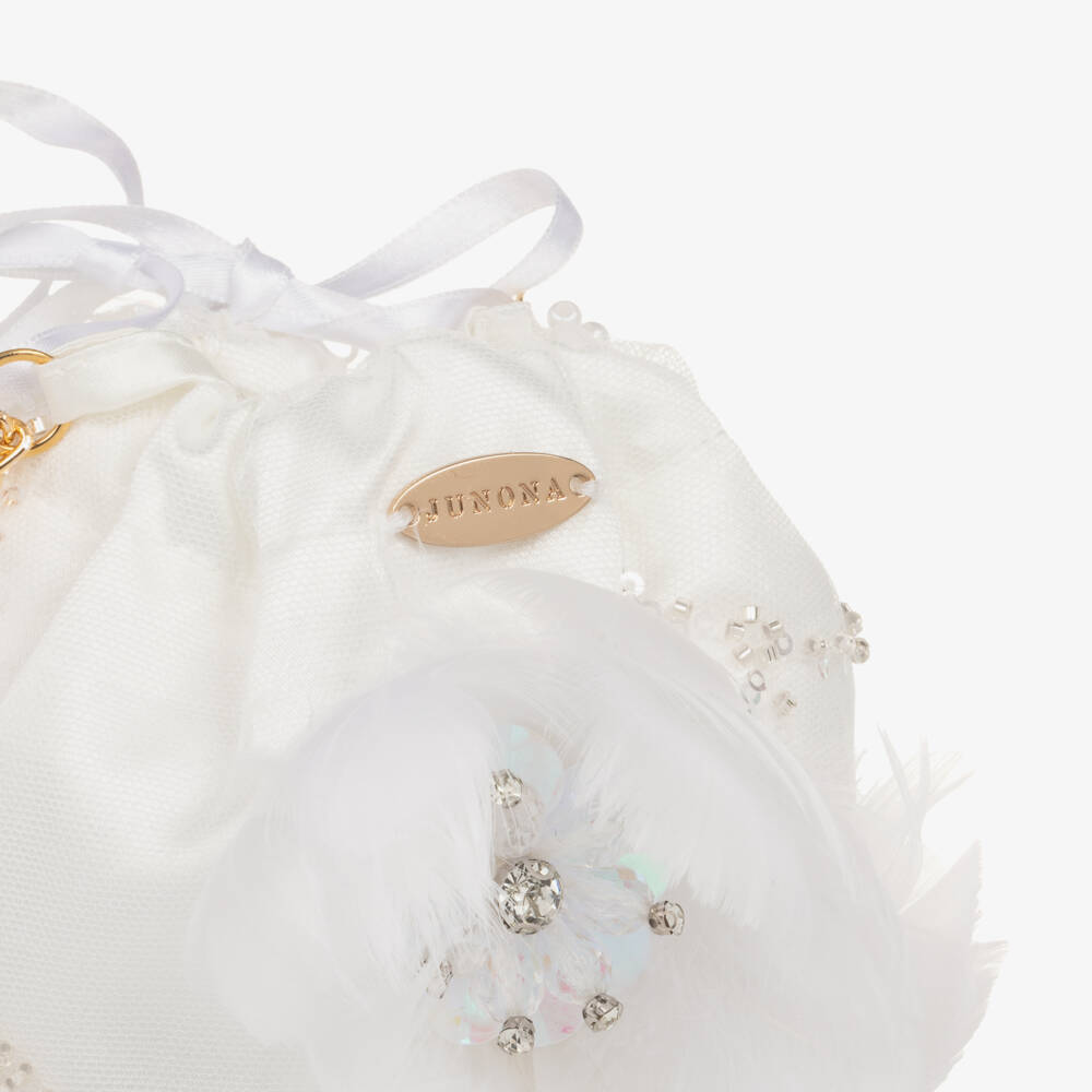 Junona-Girls White Sequinned Tulle & Feather Bag | Childrensalon Outlet
