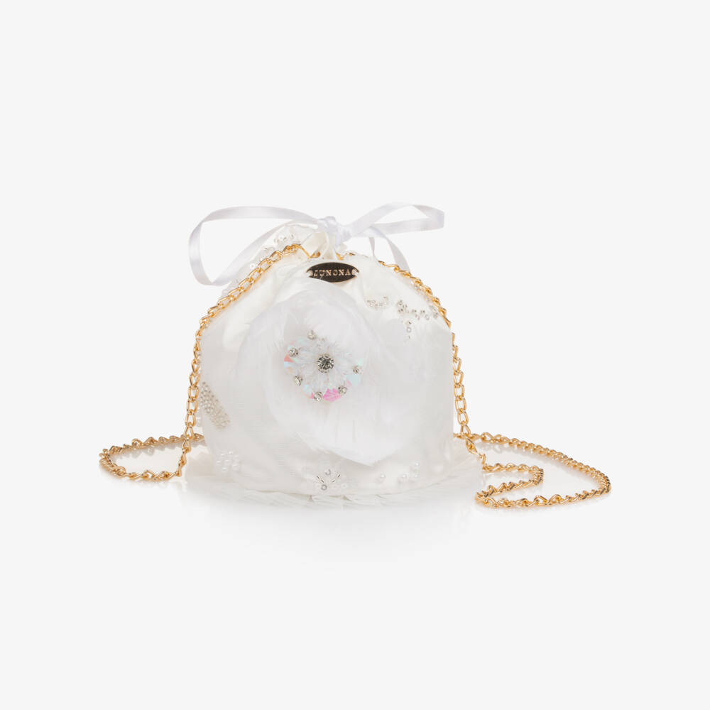 Junona-Girls White Sequinned Tulle & Feather Bag | Childrensalon Outlet