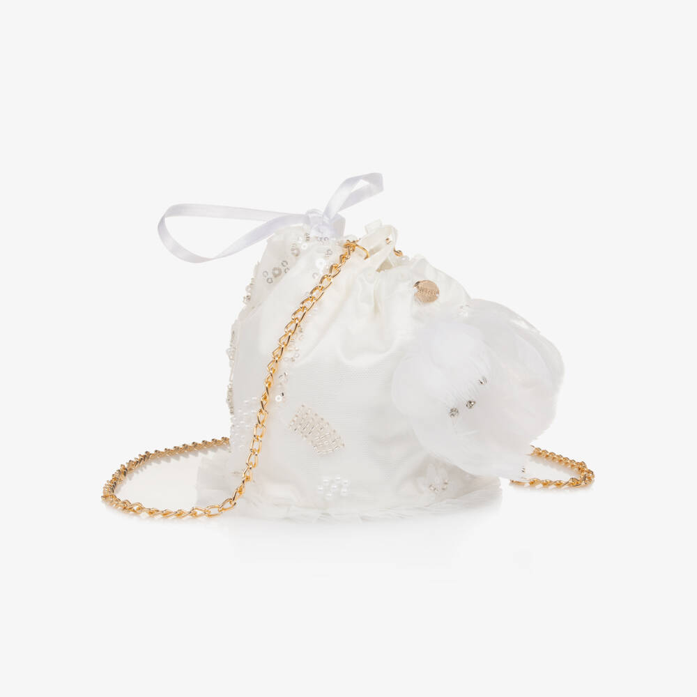 Junona-Girls White Sequinned Tulle & Feather Bag | Childrensalon Outlet
