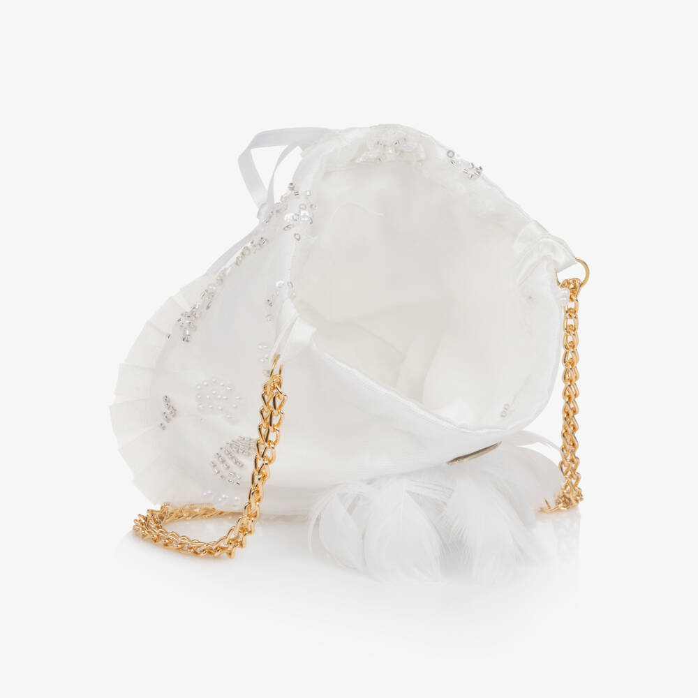 Junona-Girls White Sequinned Tulle & Feather Bag | Childrensalon Outlet