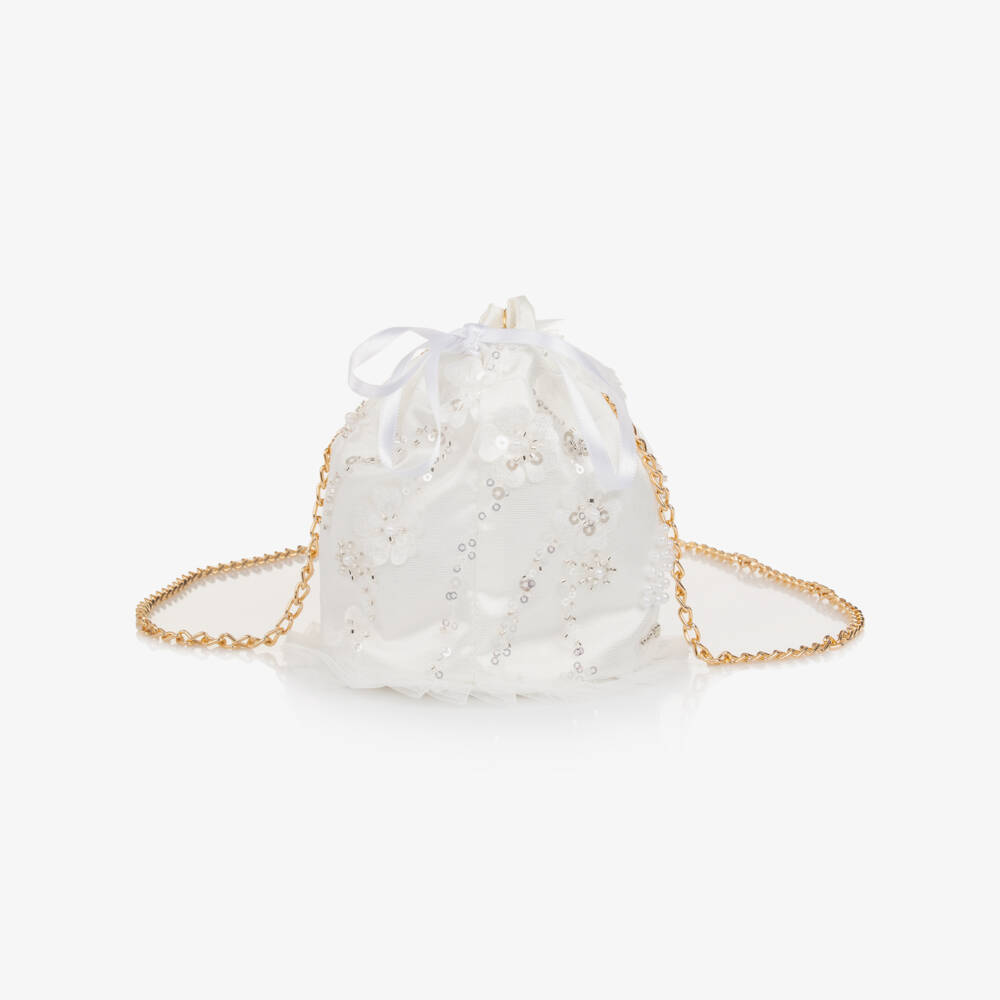 Junona-Girls White Sequinned Tulle & Feather Bag | Childrensalon Outlet