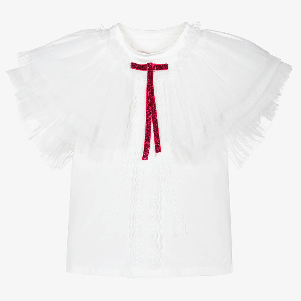 Junona - Girls White Tulle Cotton T-Shirt | Childrensalon