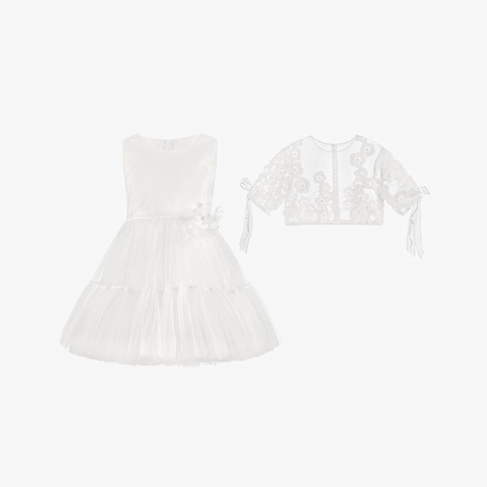 Junona-Girls White Tulle Dress with Bolero | Childrensalon Outlet