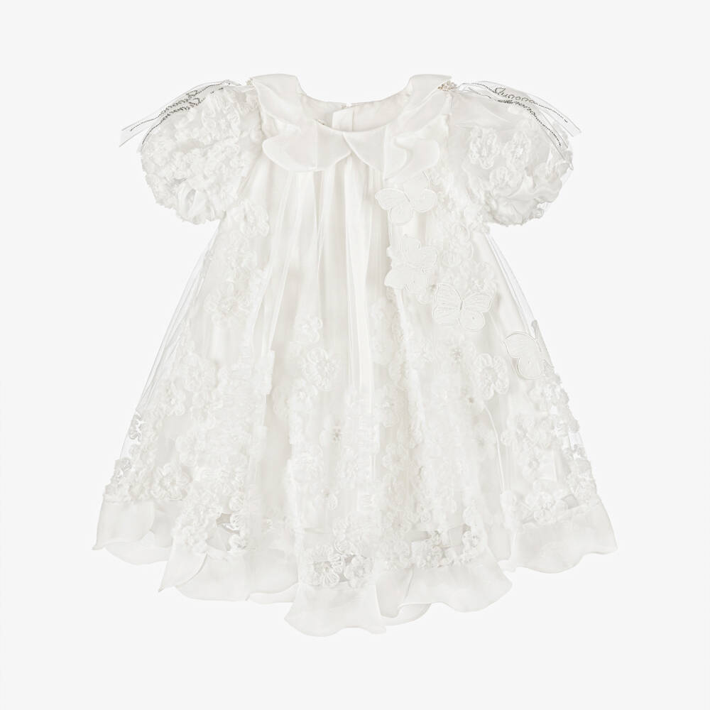 Junona-Girls White Tulle Dress with Flower & Butterfly Appliqués | Childrensalon Outlet