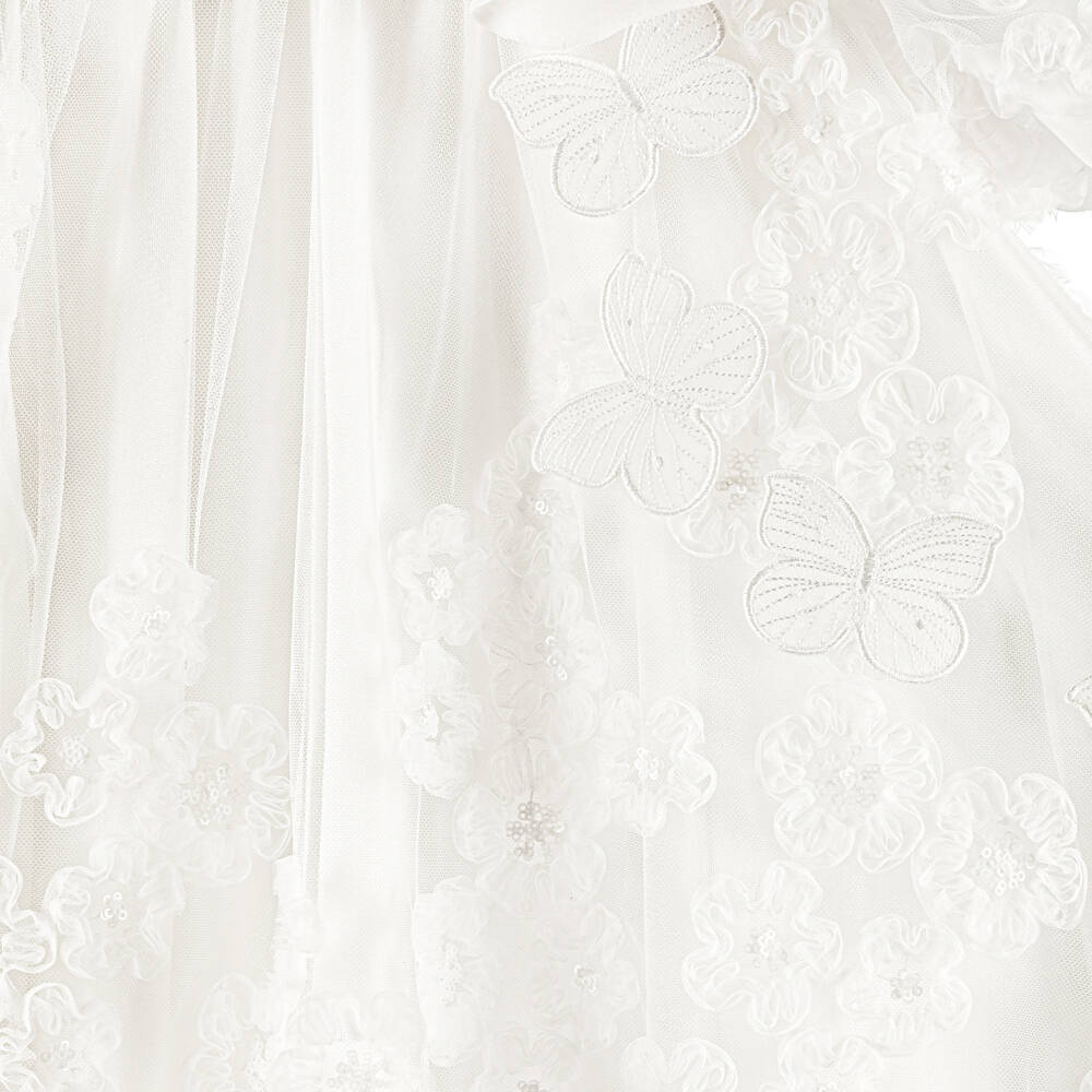 Junona-Girls White Tulle Dress with Flower & Butterfly Appliqués | Childrensalon Outlet