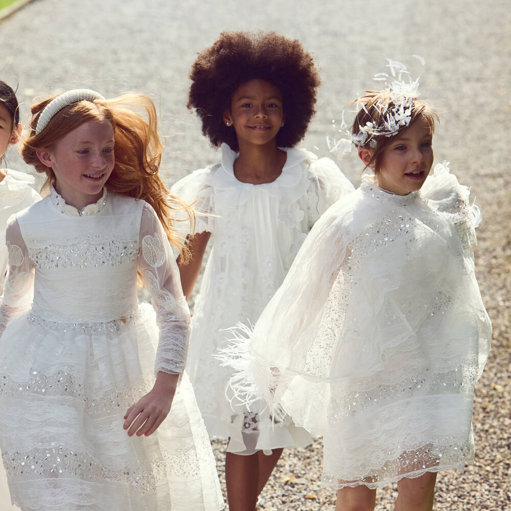 Junona-Girls White Tulle Dress with Flower & Butterfly Appliqués | Childrensalon Outlet