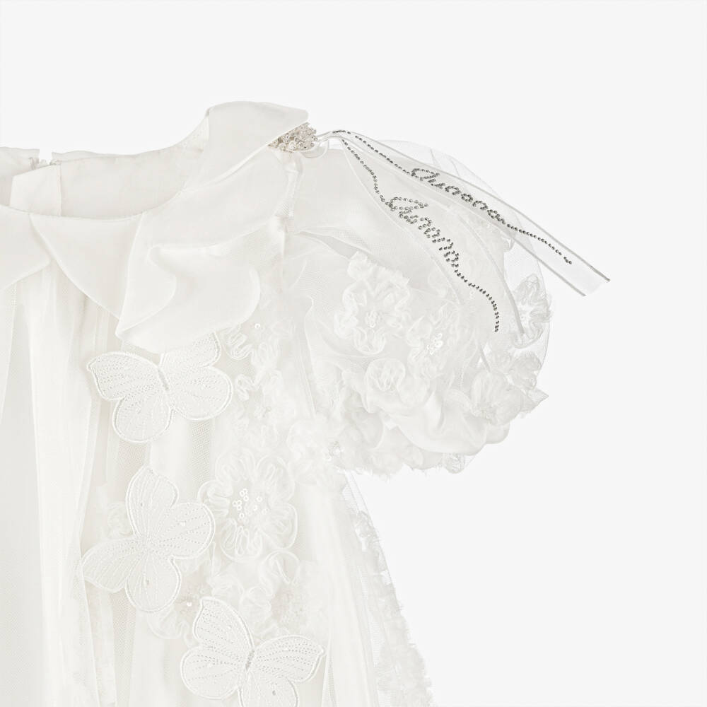 Junona-Girls White Tulle Dress with Flower & Butterfly Appliqués | Childrensalon Outlet