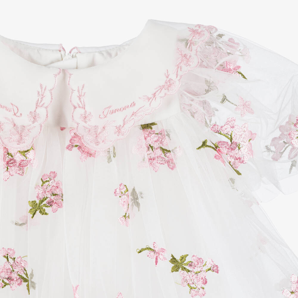 Junona-Girls White Tulle Dress with Pink Embroidered Flowers | Childrensalon Outlet