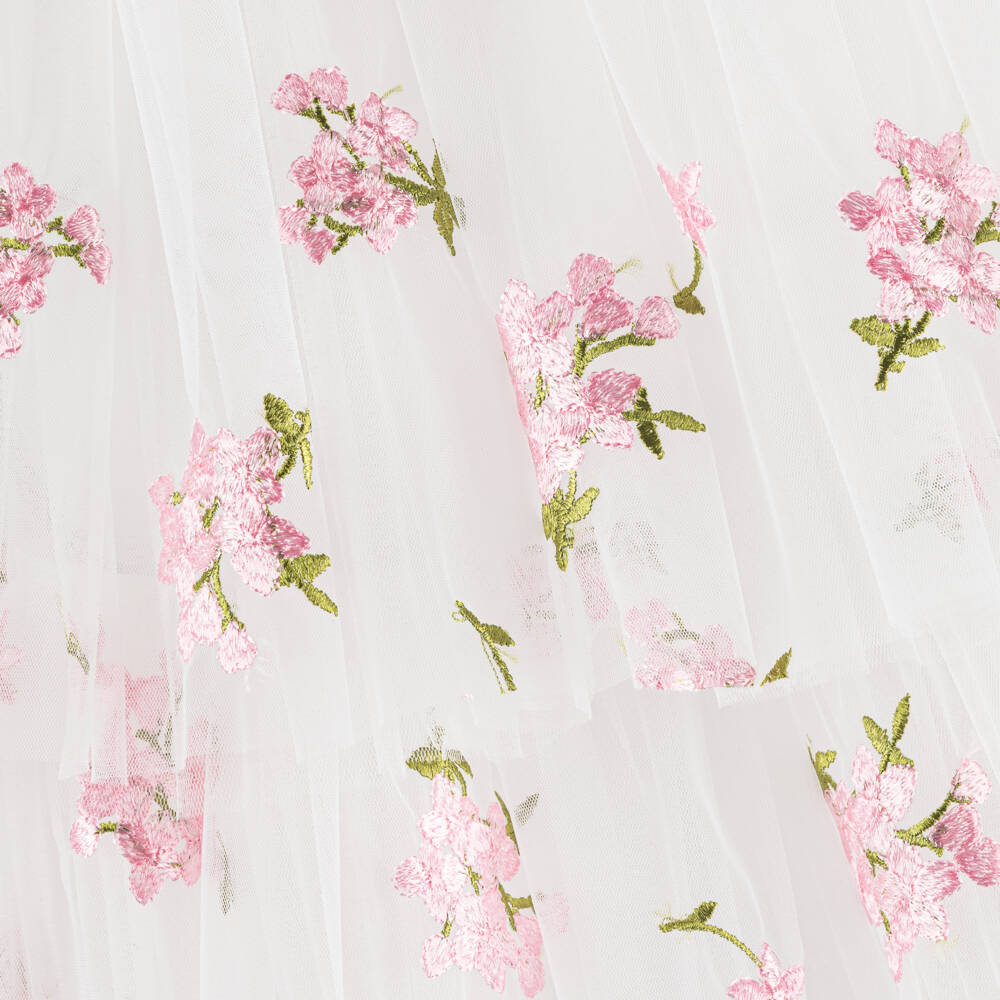 Junona-Girls White Tulle Dress with Pink Embroidered Flowers | Childrensalon Outlet