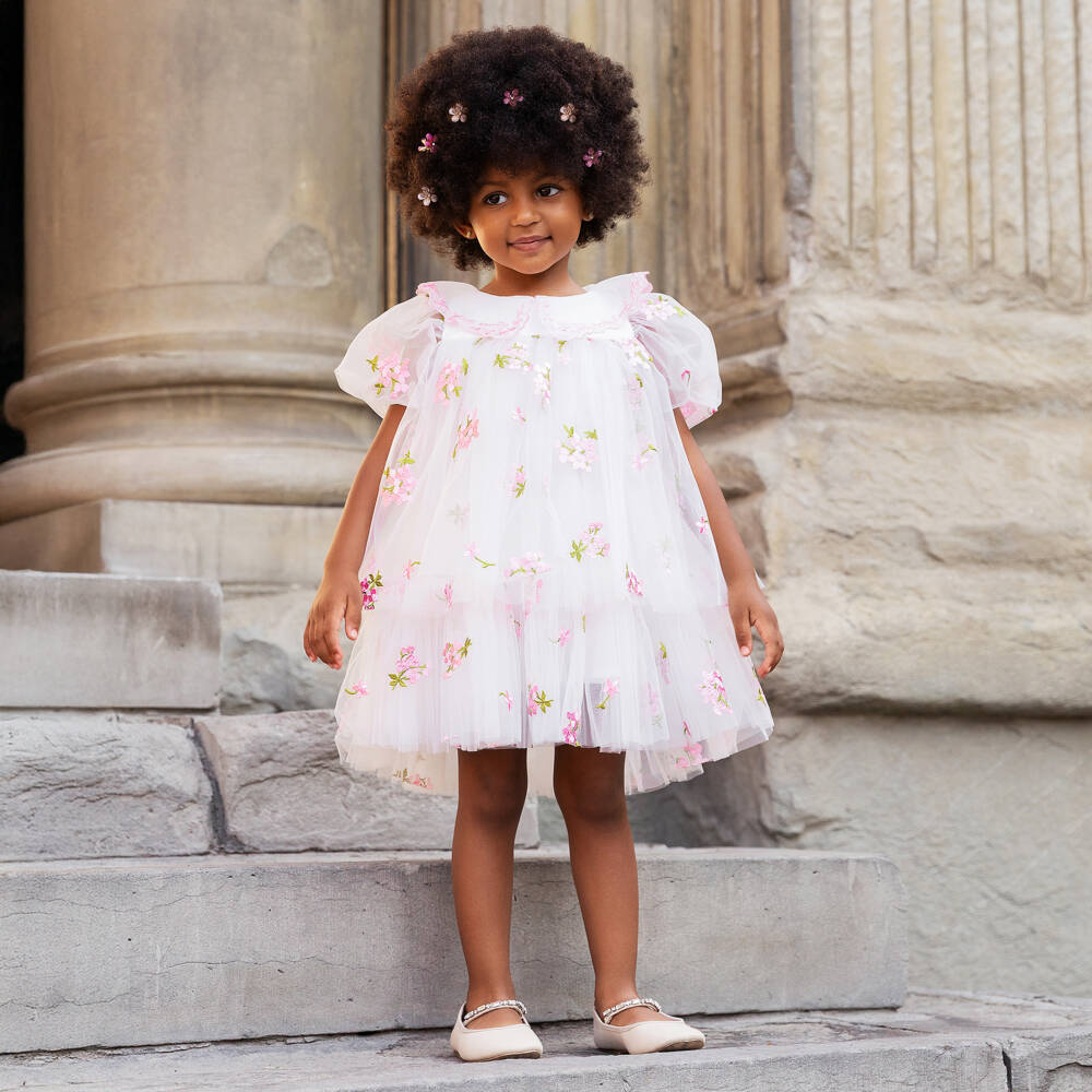 Junona-Girls White Tulle Dress with Pink Embroidered Flowers | Childrensalon Outlet