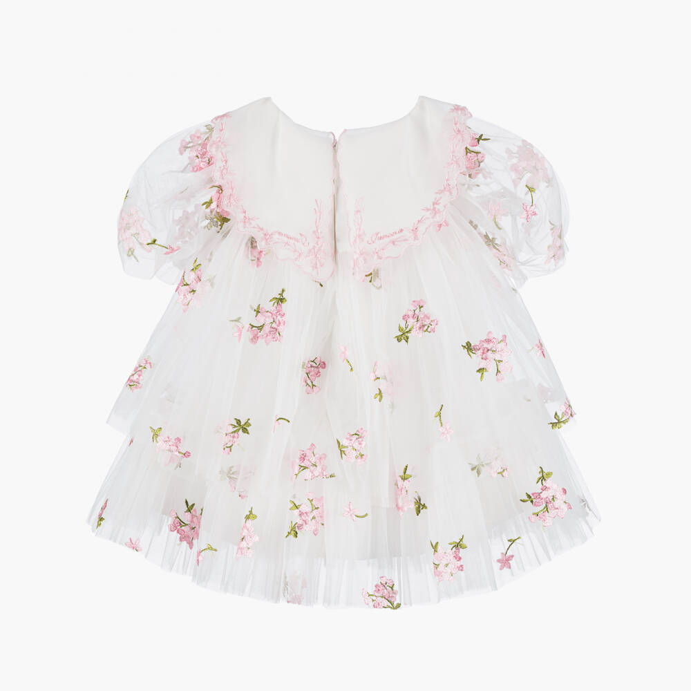 Junona-Girls White Tulle Dress with Pink Embroidered Flowers | Childrensalon Outlet