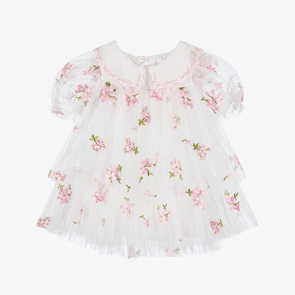 Junona-Girls White Tulle Dress with Pink Embroidered Flowers | Childrensalon Outlet