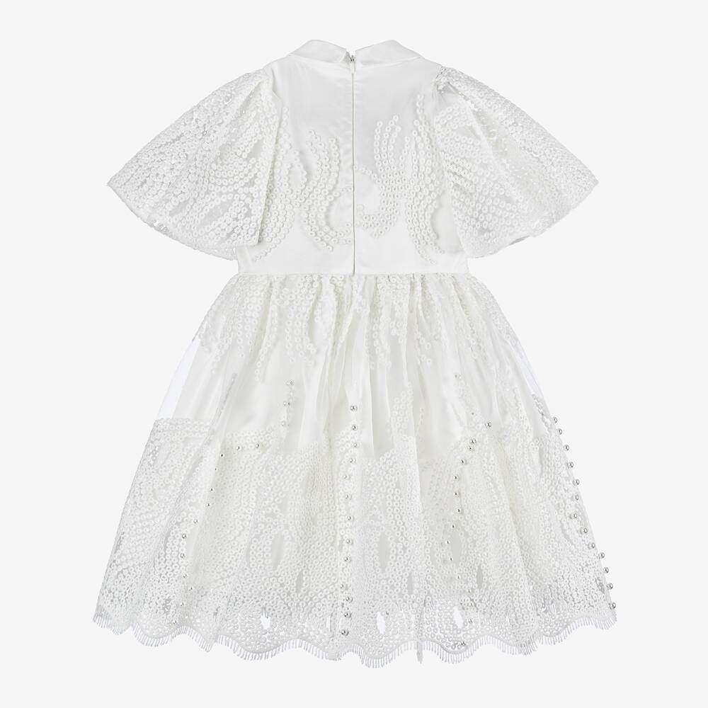 Junona-Girls White Tulle Pearl Dress | Childrensalon Outlet