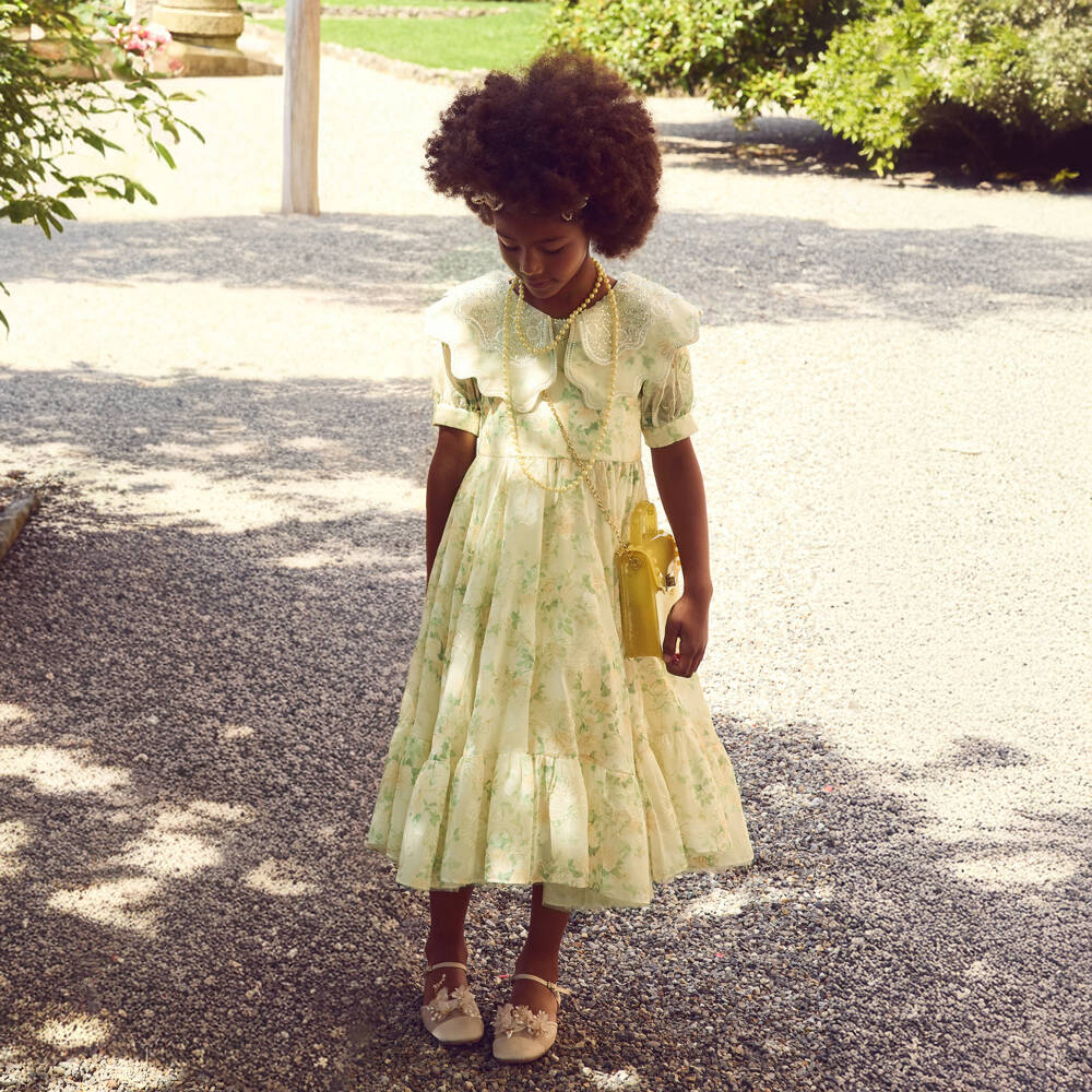 Junona-Girls Yellow Floral Jacquard Organza Dress | Childrensalon Outlet