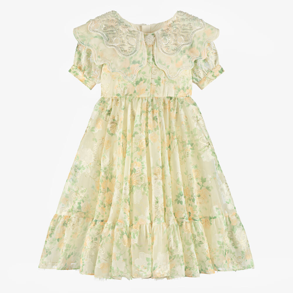 Junona-Girls Yellow Floral Jacquard Organza Dress | Childrensalon Outlet