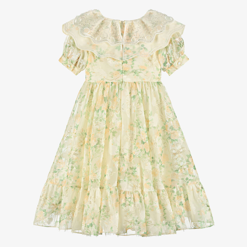 Junona-Girls Yellow Floral Jacquard Organza Dress | Childrensalon Outlet
