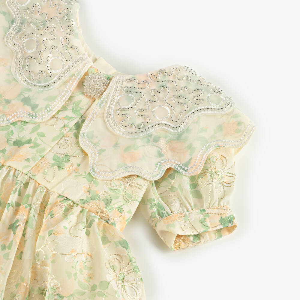 Junona-Girls Yellow Floral Jacquard Organza Dress | Childrensalon Outlet