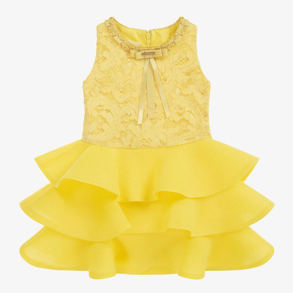 Junona - Girls Yellow Lace & Mesh Dress | Childrensalon