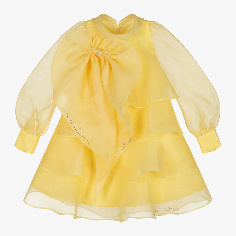 Junona - Robe jaune en organza à nœud fille | Childrensalon