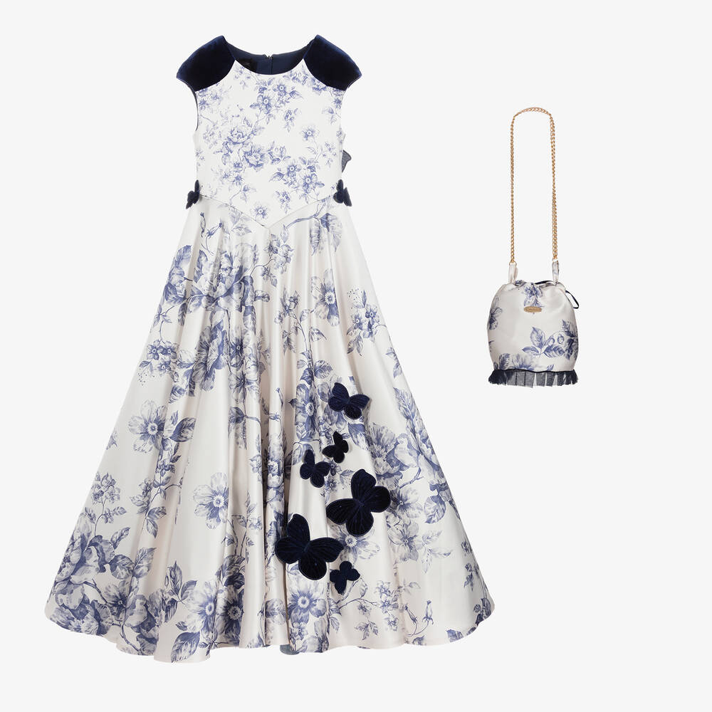 Junona - Комплект с платьем цвета слоновой кости и синего цвета с цветочным узором | Childrensalon