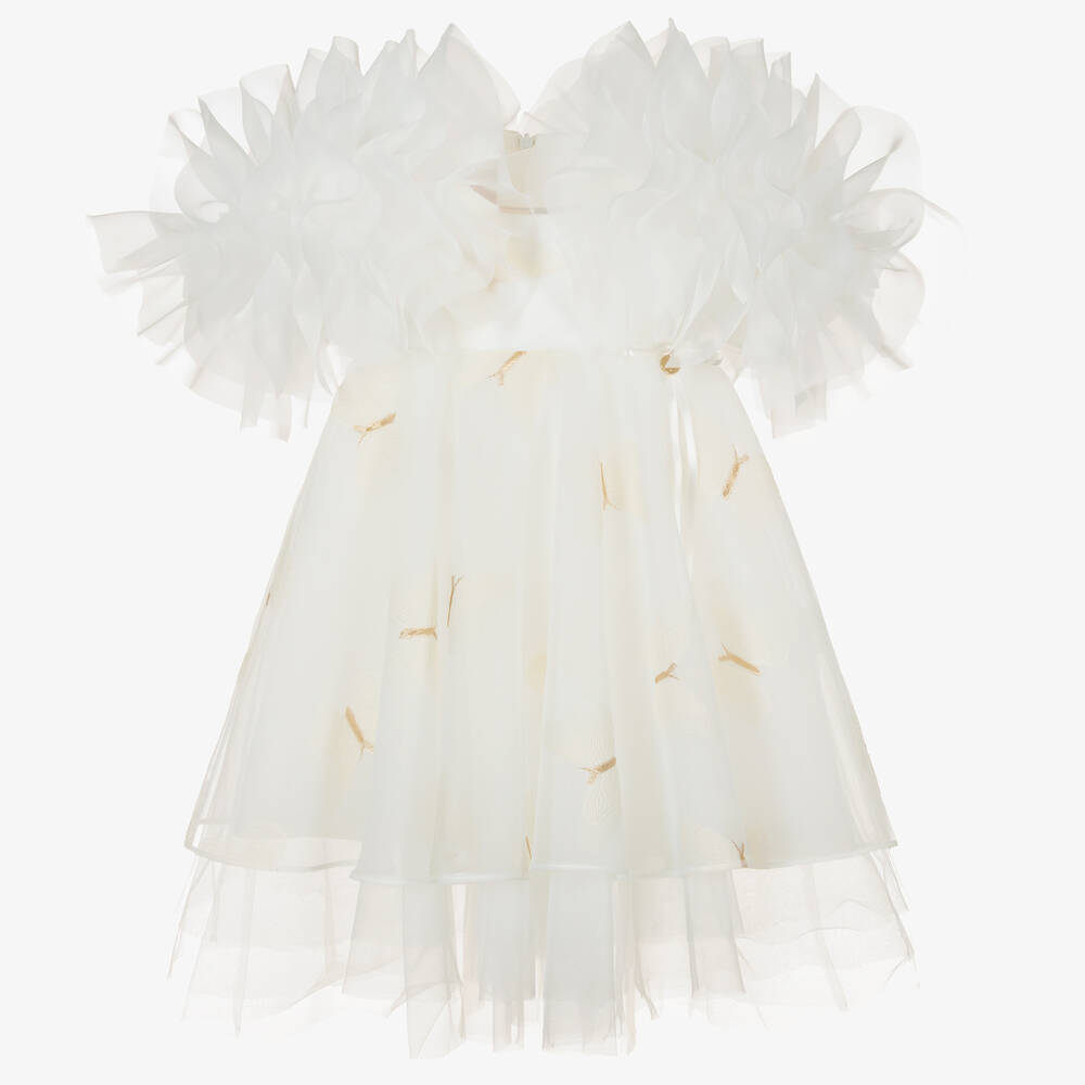 Junona - Ivory Embroidered Butterfly Chiffon Dress | Childrensalon