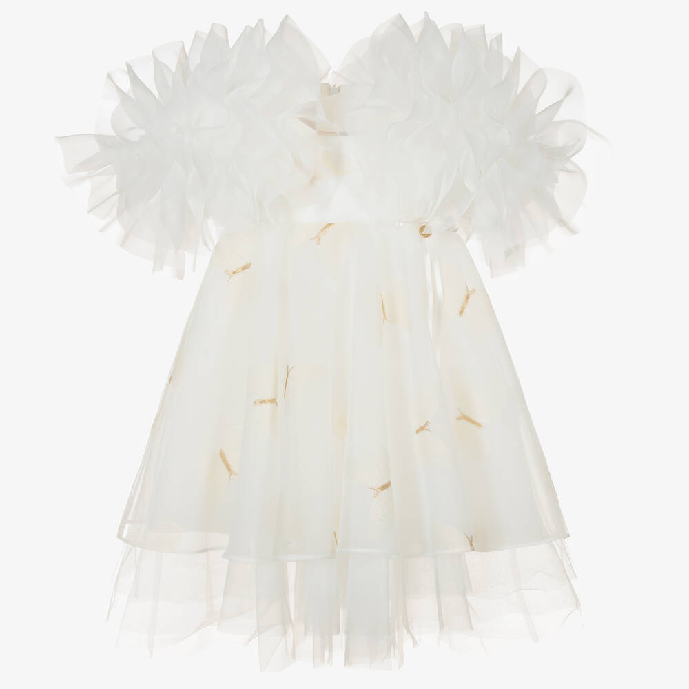 Junona-Ivory Embroidered Butterfly Chiffon Dress | Childrensalon Outlet