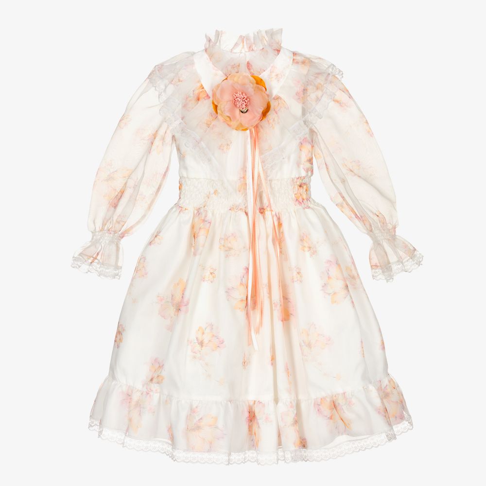 Junona - Elfenbeinfarbenes Organza-Kleid mit Blumen | Childrensalon