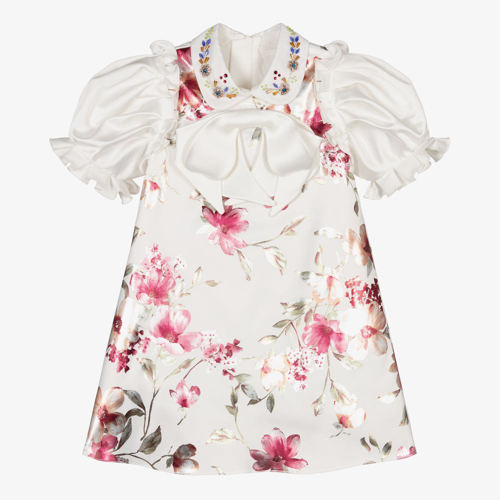 Junona-Ivory Floral Satin Dress | Childrensalon Outlet