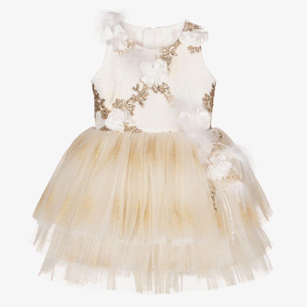 Junona - Robe ivoire à tulle et sequins dorés | Childrensalon