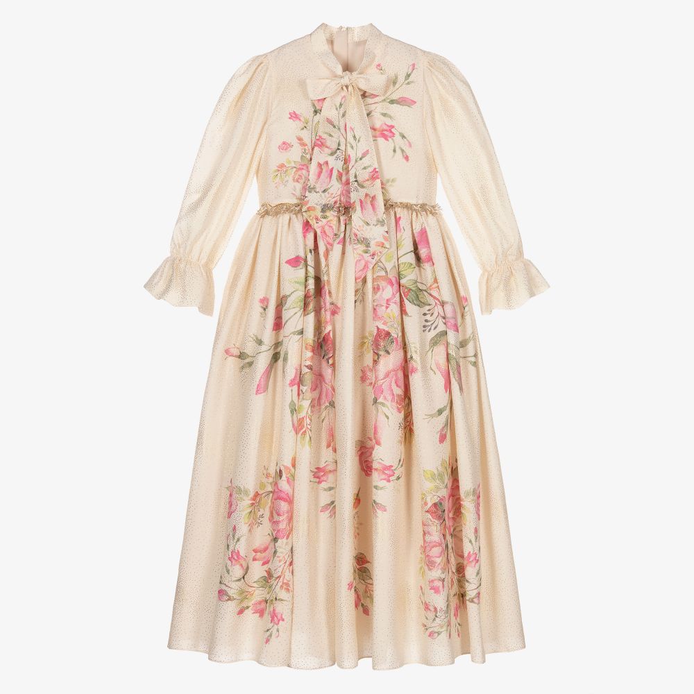 Junona - Robe longue beige en crêpe à fleurs  | Childrensalon