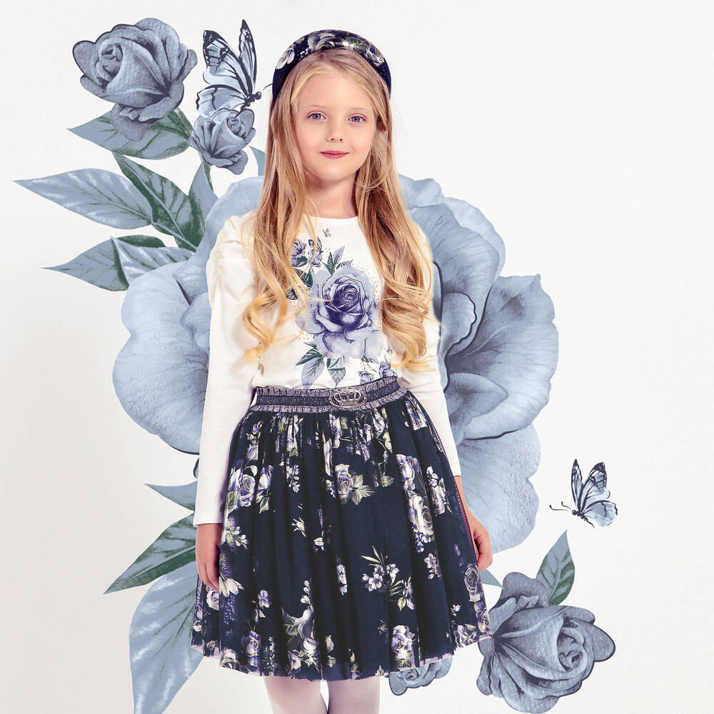 Junona-Navy Blue Floral Tulle Skirt | Childrensalon Outlet
