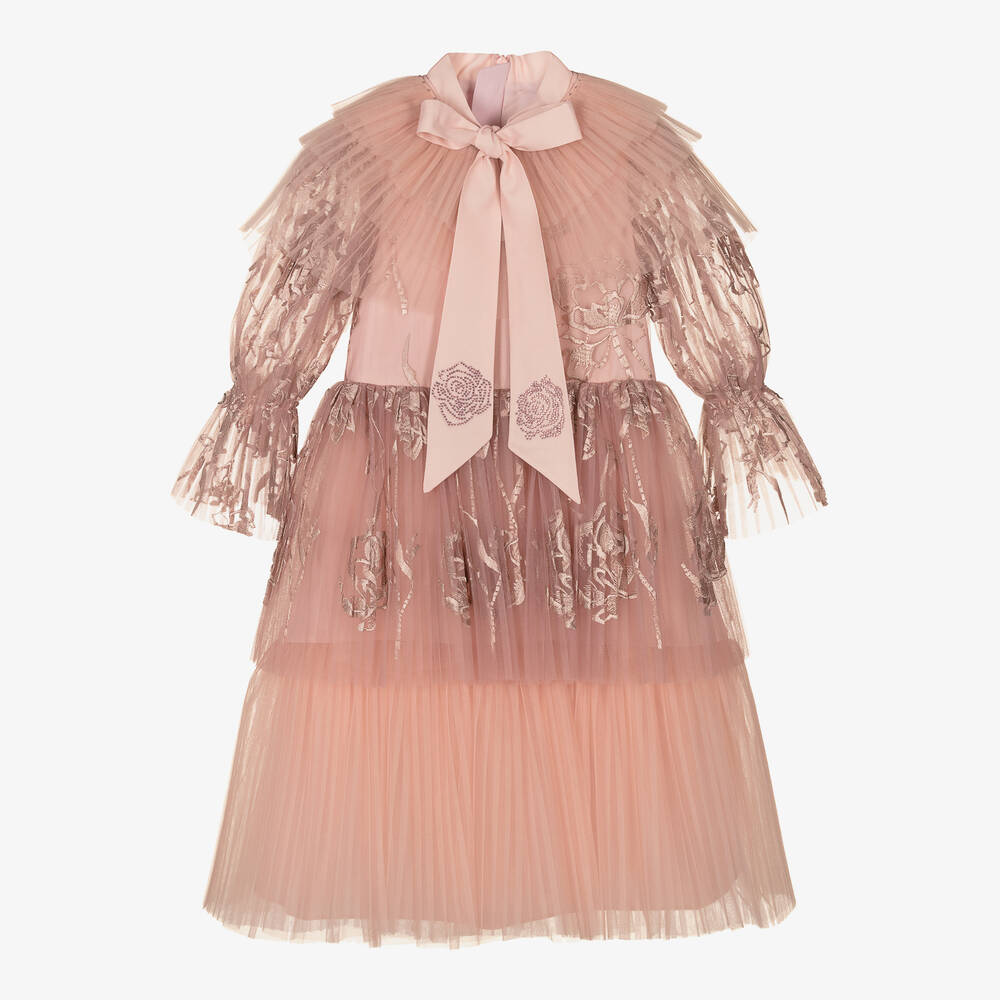 Junona - Robe rose brodée en tulle | Childrensalon