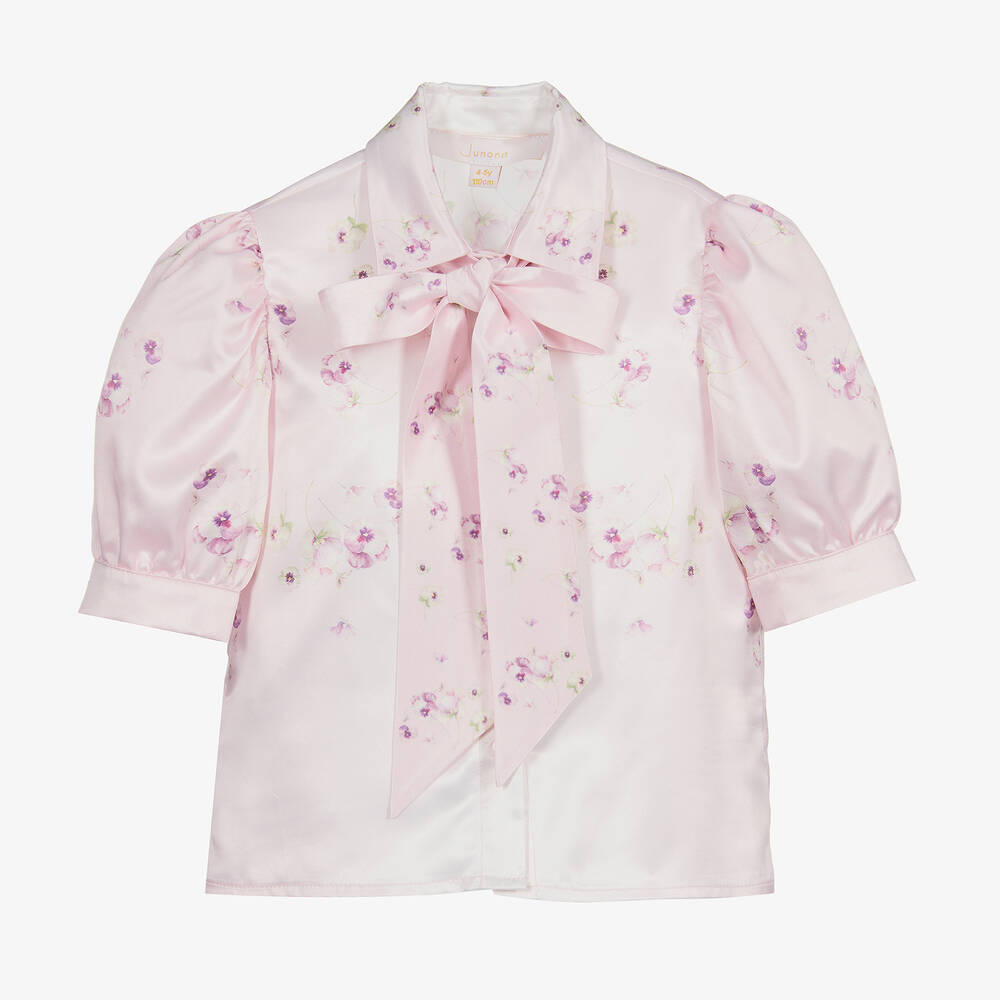 Junona - Pink Floral Satin Bow Blouse | Childrensalon