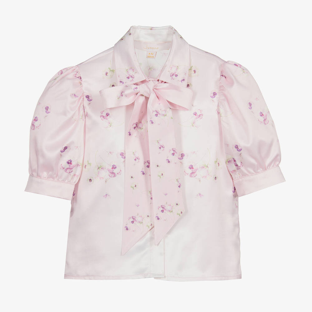 Junona - Blouse à lavallière fleurie rose en satin | Childrensalon