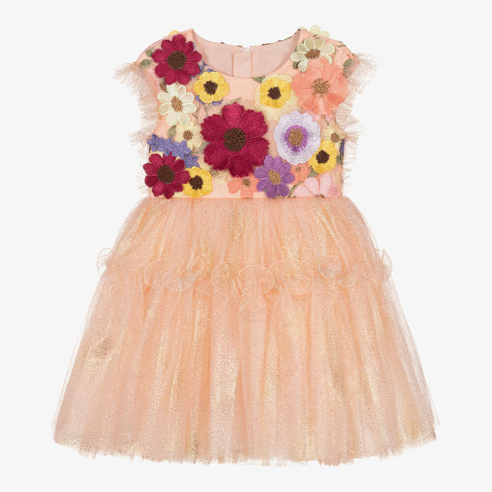Junona - Pink & Gold Embroidered Floral Tulle Dress | Childrensalon