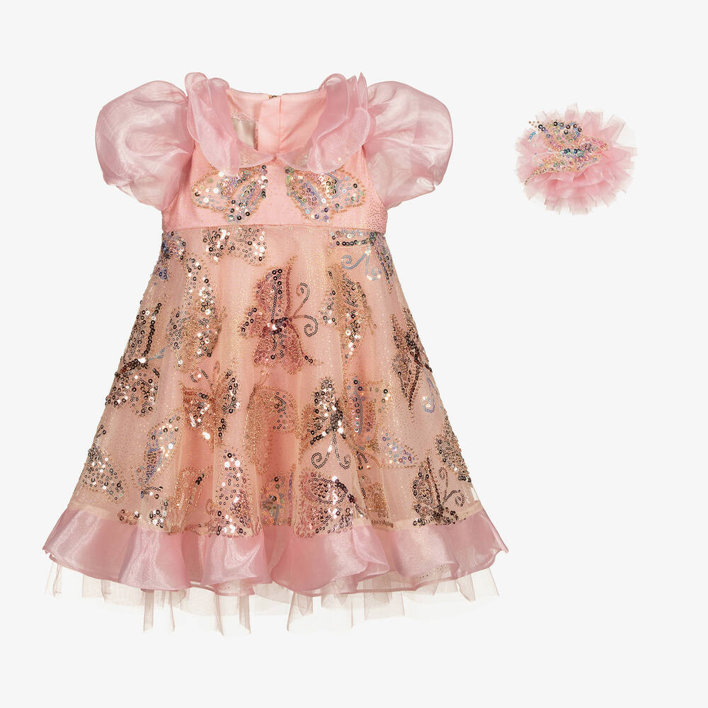 Junona - Ensemble robe rose à papillons pailletés | Childrensalon