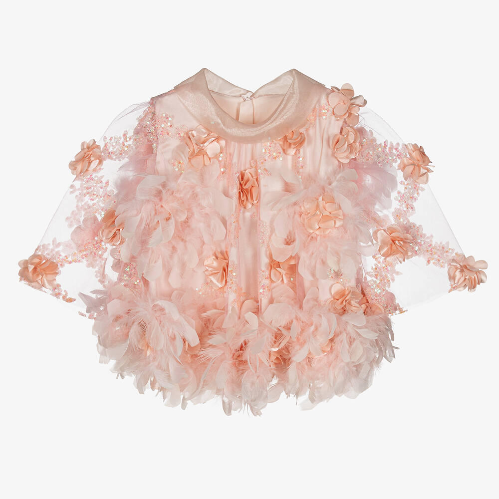 Junona - Chemisier rose en tulle et plumes | Childrensalon