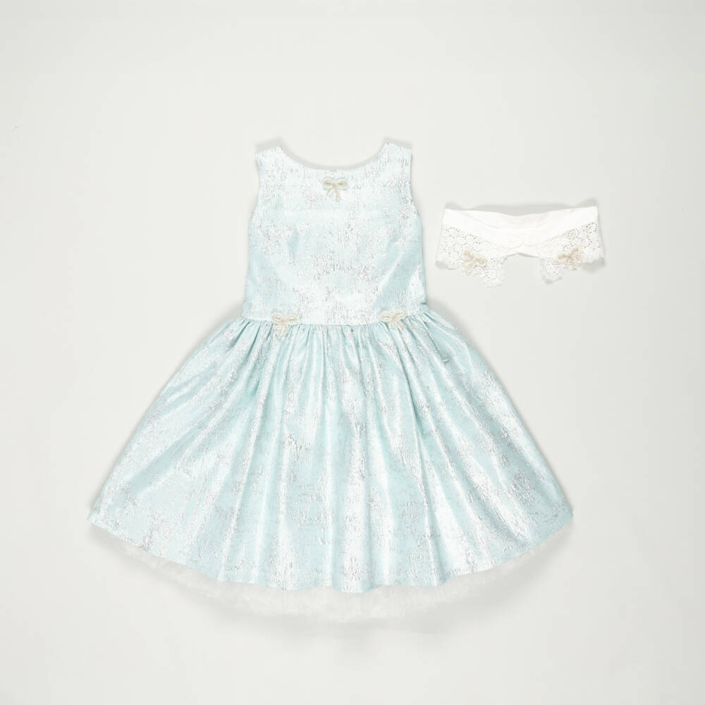 Junona-Preloved Girls Blue & Silver Jacquard Bow Dress (10-11 years) | Childrensalon Outlet