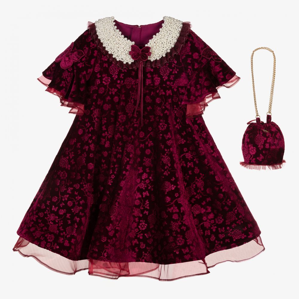 Junona - Ensemble robe fleuri rouge en velours | Childrensalon