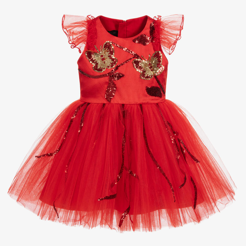 Junona - فستان تول لون أحمر مطرز بفراشات | Childrensalon