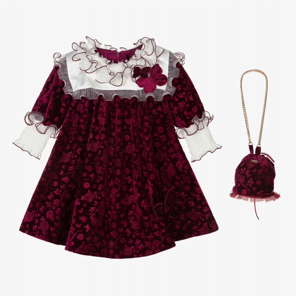 Junona - Rotes, geblümtes Samtkleid-Set | Childrensalon