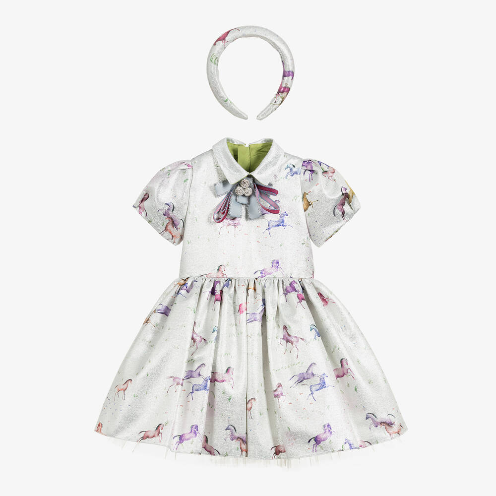 Junona - Комплект с платьем серебристого цвета с рисунком в виде единорогов | Childrensalon