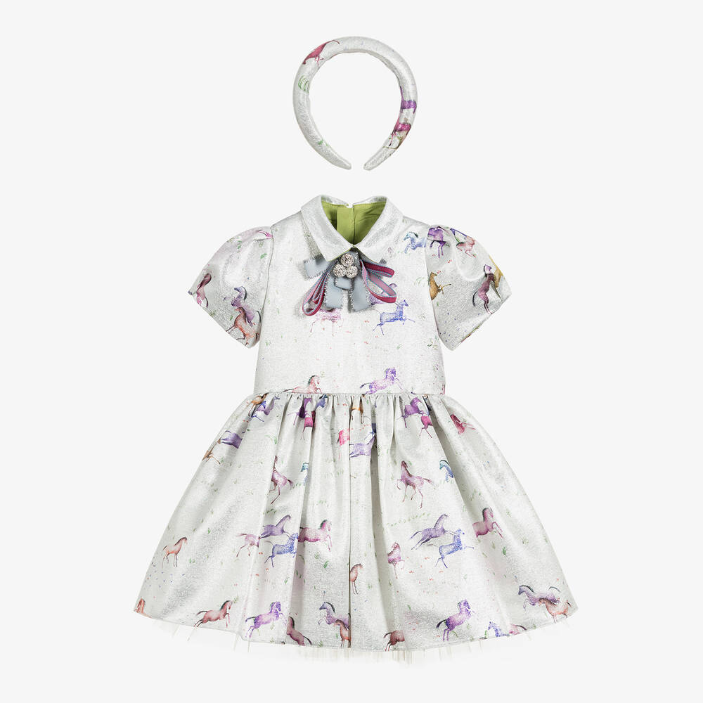 Junona - Silberfarbenes Kleid mit Einhorn-Print | Childrensalon