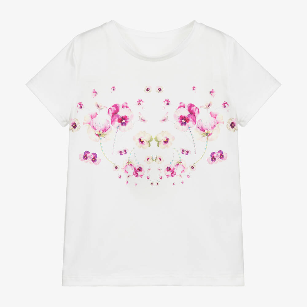 Junona - T-shirt blanc à fleurs en coton | Childrensalon
