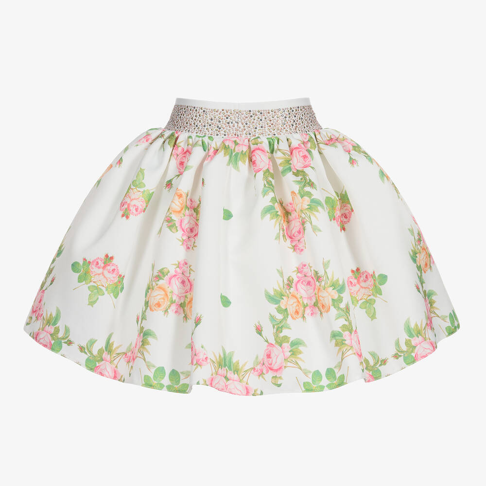Junona-تنورة ساتان لون أبيض بطبعة ورود | Childrensalon Outlet